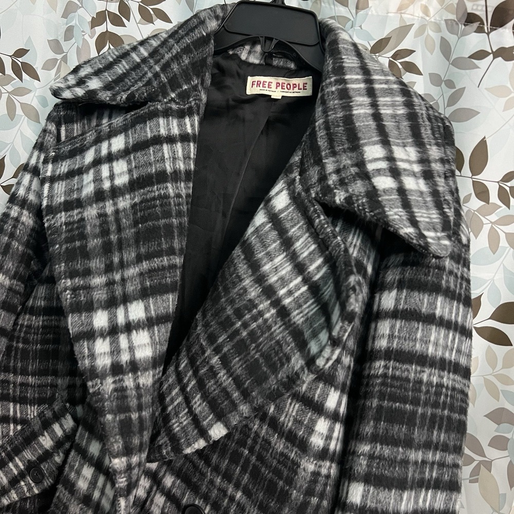 Free People Highlands Wool Peacoat Women's Small Gray Plaid Collared Oversized